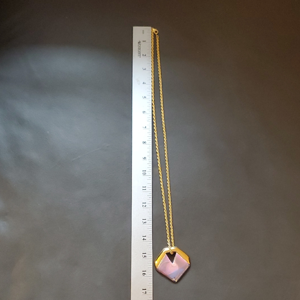 Vintage Gold Purple Blue Hand Painted Artist Signed Geometric Pendant Necklace - Picture 9 of 12